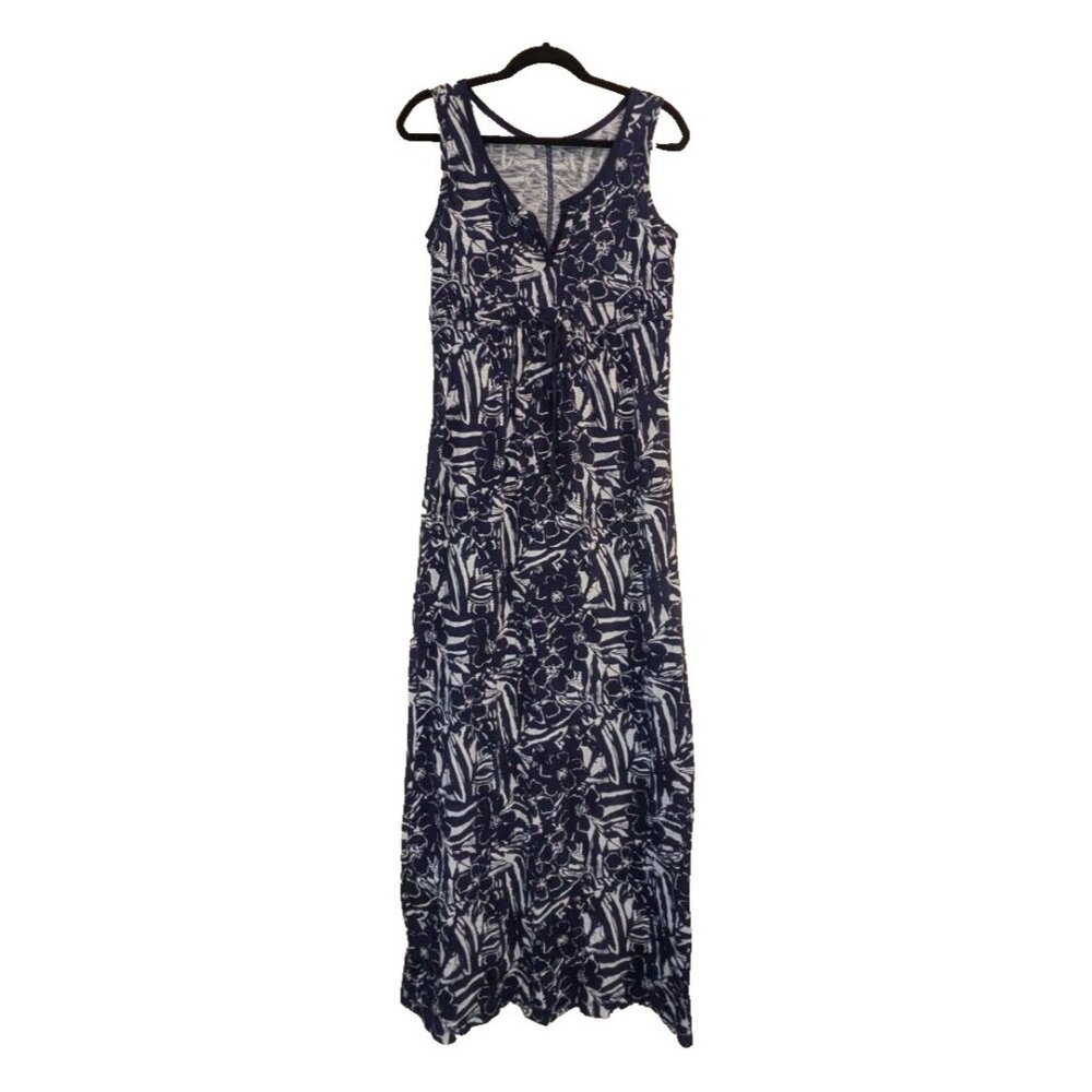 Eddie Bauer Outdoor Floral Maxi Tank Dress Size TM Drawstring Waist Blue & White